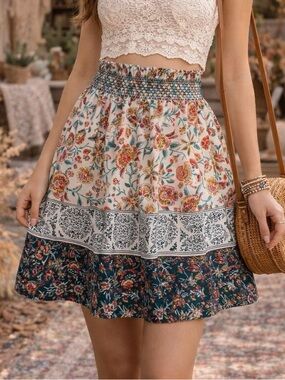 Maurices Floral Smocked Waist Circle Skirt with Navy Border